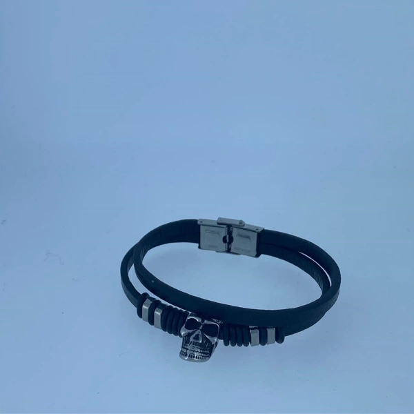 Özel Tasarım Kuru Kafa Çift Deri Çelik Modern Bileklik