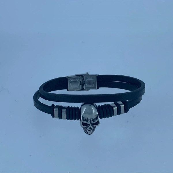 Özel Tasarım Kuru Kafa Çift Deri Çelik Modern Bileklik