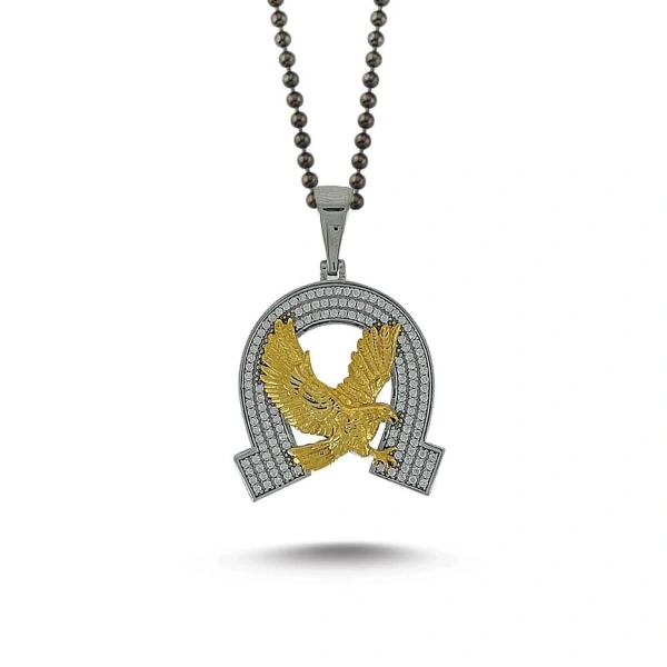 Özel Yüzey İki Renk Kaplamalı Kenarları Taşlı Nallı Kartal Koruyucu Madalyon Kolye