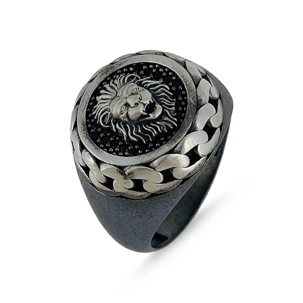 Özel Yüzey Kaplama Aslan Zincir Sarma Madalyon Gümüş Yüzük