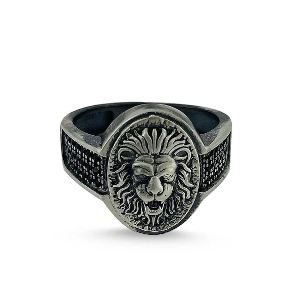 Özel Yüzey Kaplama Markazit Taşlı Elips Aslan Madalyon Gümüş Yüzük