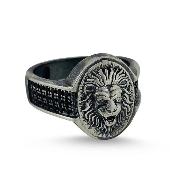 Özel Yüzey Kaplama Markazit Taşlı Elips Aslan Madalyon Gümüş Yüzük