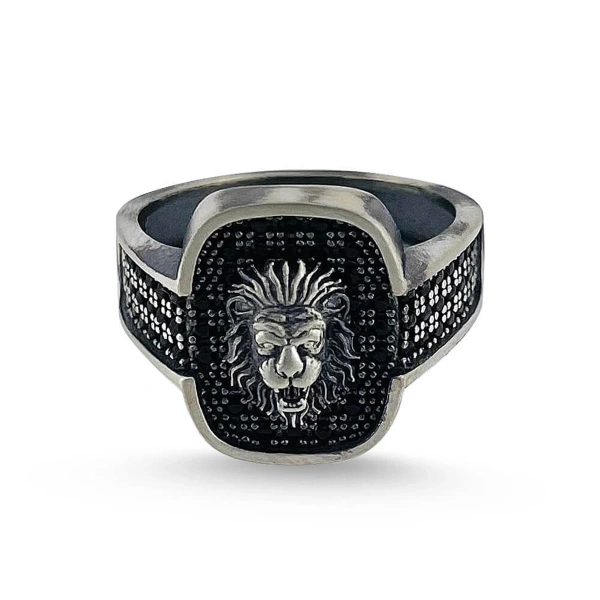 Özel Yüzey Kaplama Markazit Taşlı Modern Aslan Madalyon Gümüş Yüzük