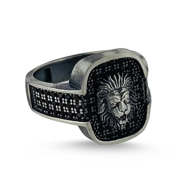 Özel Yüzey Kaplama Markazit Taşlı Modern Aslan Madalyon Gümüş Yüzük