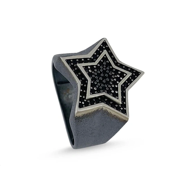 Özel Yüzey Kaplama Markazit Taşlı Yıldız Madalyon Gümüş Yüzük