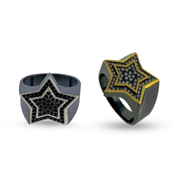 Özel Yüzey Kaplama Markazit Taşlı Yıldız Madalyon Gümüş Yüzük Set