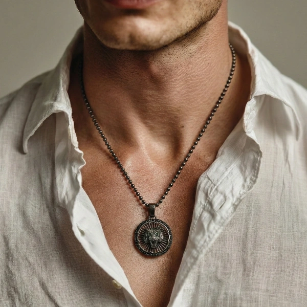 Özel Yüzey Kaplamalı Kenarları Taşlı Zincir Form Kaplan Ajurlu Madalyon Kolye