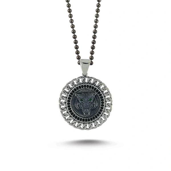 Özel Yüzey Kaplamalı Kenarları Taşlı Zincir Form Kaplan Madalyon Kolye