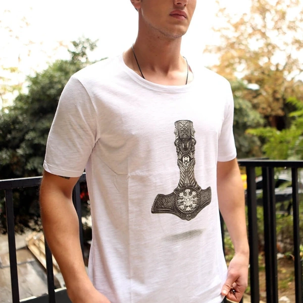 Savaşçı Balta Baskılı Bisiklet Yaka Erkek Beyaz Tişört