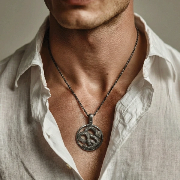 Şifa Yılanı Özel Yüzey Kaplamalı Gümüş Kolye