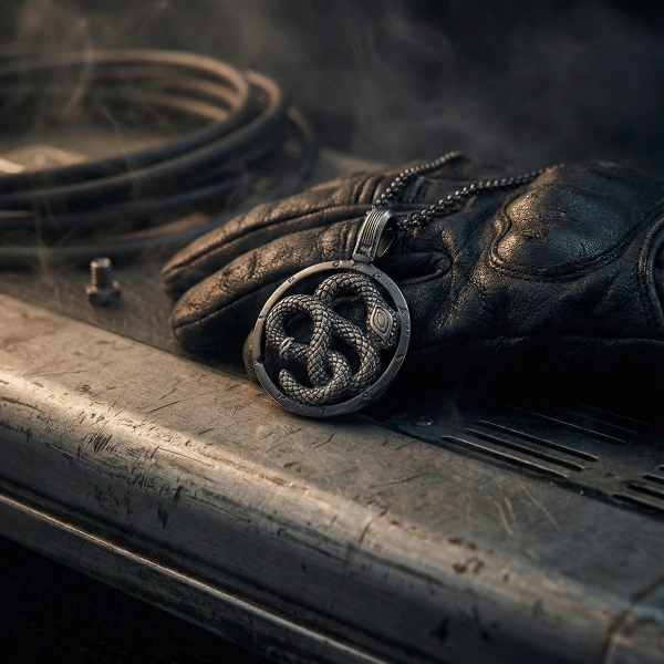 Şifa Yılanı Özel Yüzey Kaplamalı Gümüş Kolye