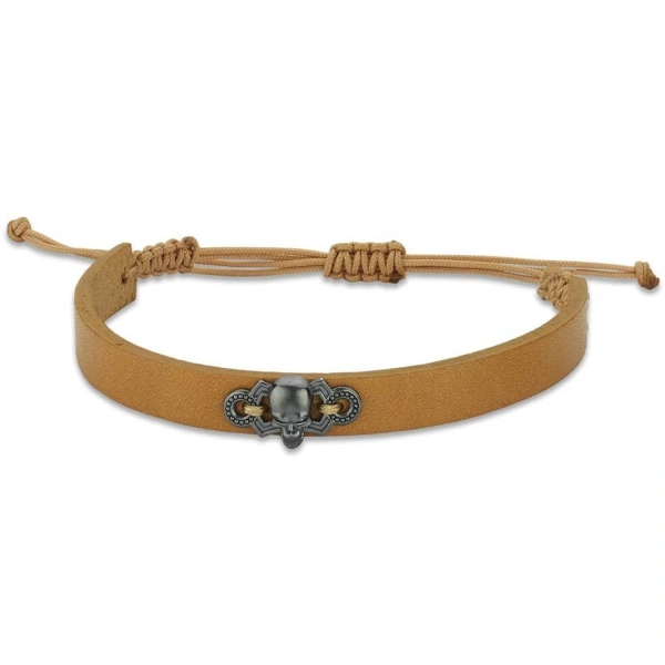 Siyah Camel Şerit Deri Kurukafa Gümüş Bileklik