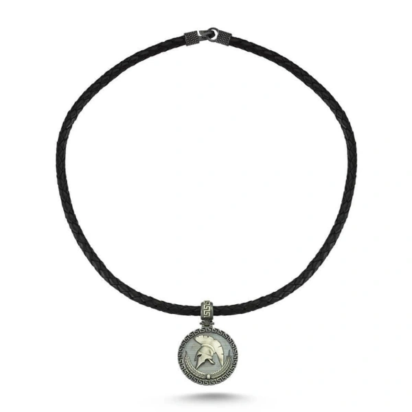 Sparta Miğfer Gümüş Kolye Derili Oksitli