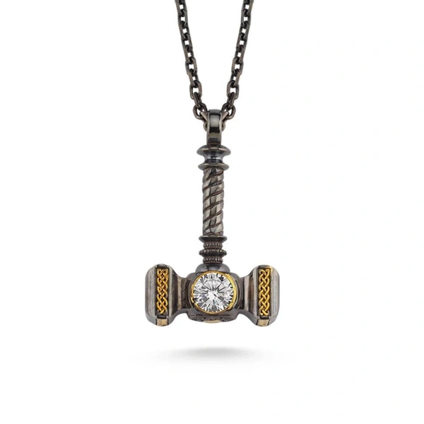 Taşlı Thor Çekiç Gümüş Kolye