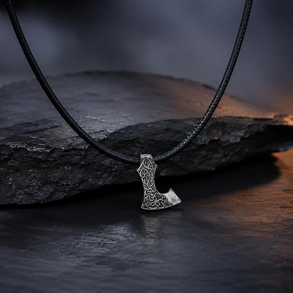 Viking Baltası Özel Yüzey Kaplamalı Gümüş Kolye