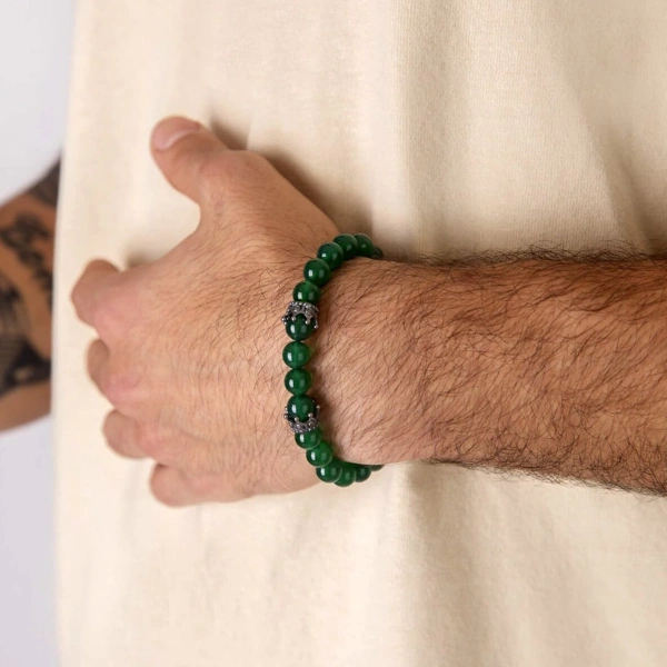 Yeşil Taşlı Kral Tacı Oksitli Gümüş Ara Parçalı Elastik Bileklik