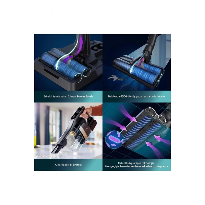 Philips 9000 Serisi AquaTrio Kablosuz Dikey Süpürge, AquaSpin Başlık, PowerCyclone Aqua, XW9463/11