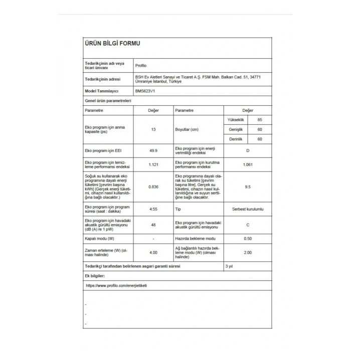 Profilo BMS623V1 6 Programlı Bulaşık Makinesi