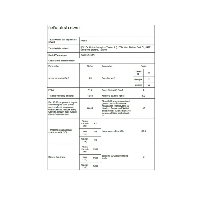 Profilo CGA242X3TR 1200 Devir 9 kg Çamaşır Makinesi