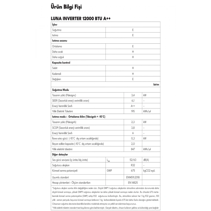 Regal LUNA INVERTER 12000 BTU A++ Klima AKSARAY/NİĞDE SERVİSLE TESLİM ÜCRETSİZ MONTAJ