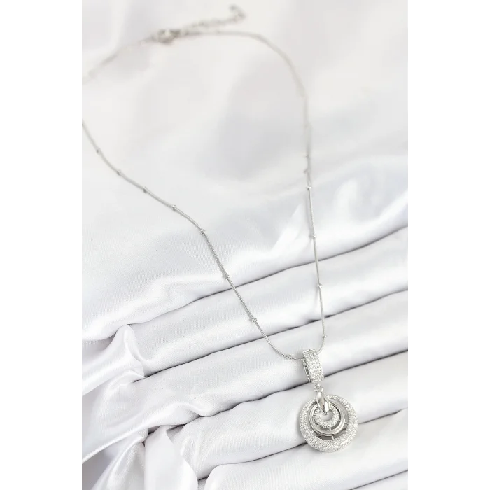 316L Çelik Zirkon Taşlı Çember Model Gümüş Renk Kadın Kolye