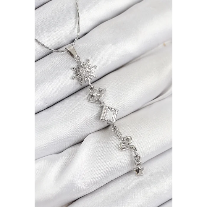 316L Çelik Zirkon Taşlı Güneş Ve Ay Enerji Model Gümüş Renk Kadın Kolye