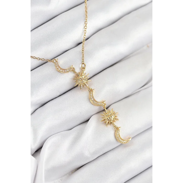 316L Çelik Zirkon Taşlı Güneş Ve Ay Model Gold Renk Kadın Kolye