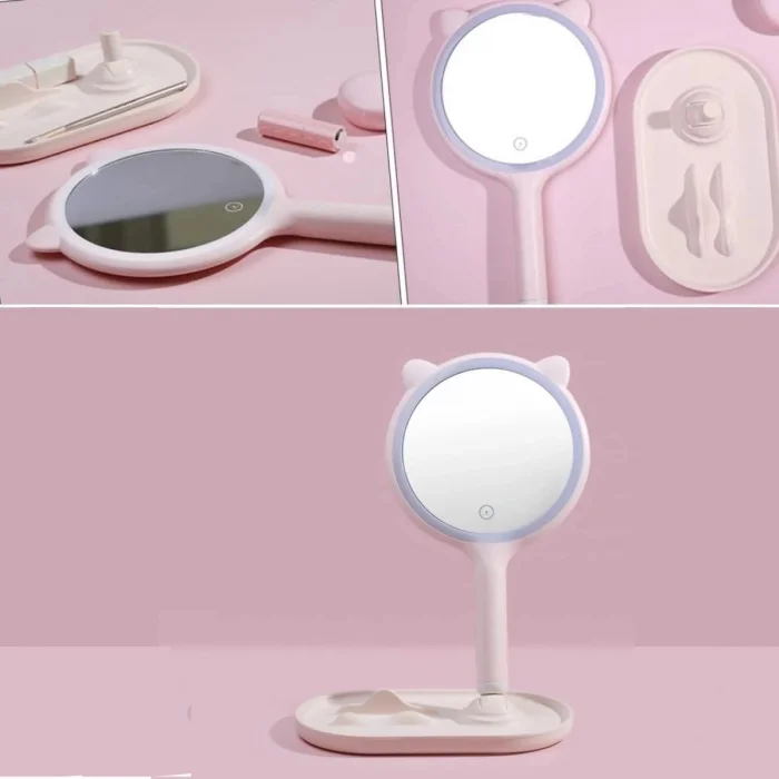 BUFFER® Kedi Kulaklı Telefon Standlı Yuvarlak Dokunmatik Led Ayarlı Masa Üstü Makyaj Aynası