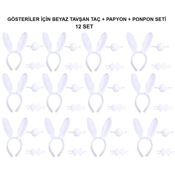 Beyaz Tavşan Kostüm Seti – Taç, Papyon, Kuyruk (12’li Paket)