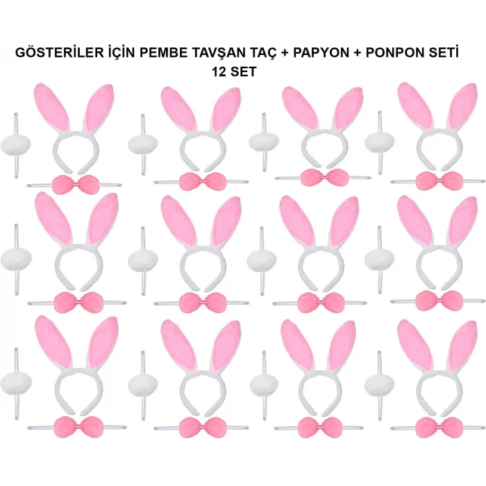 Pembe Tavşan Kostüm Seti – Taç, Papyon, Ponpon (12’li Paket)