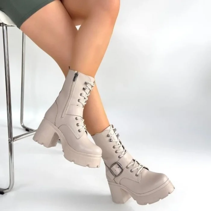 Hazego Linma Bej Cilt Bağcıklı Topuklu Bot