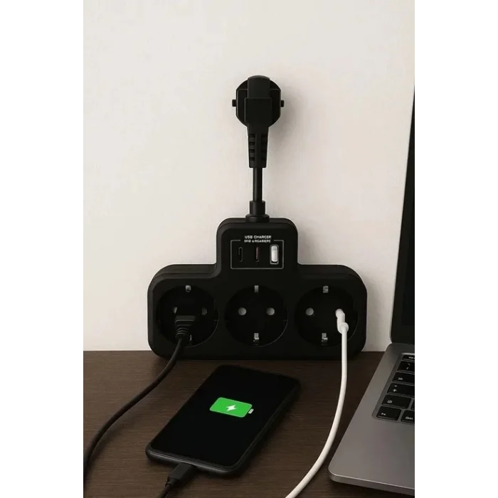 Çoklu Kablolu Priz Yüksek Gerilim Korumalı 3’lü Priz 1x Usb 2x Type-c Çıkışlı Grup Priz Çoğaltıcı Siyah