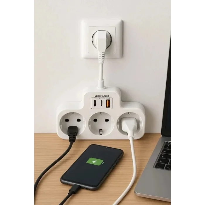 Çoklu Kablolu Priz Yüksek Gerilim Korumalı 3’lü Priz 1x Usb 2x Type-c Çıkışlı Grup Priz Çoğaltıcı Siyah