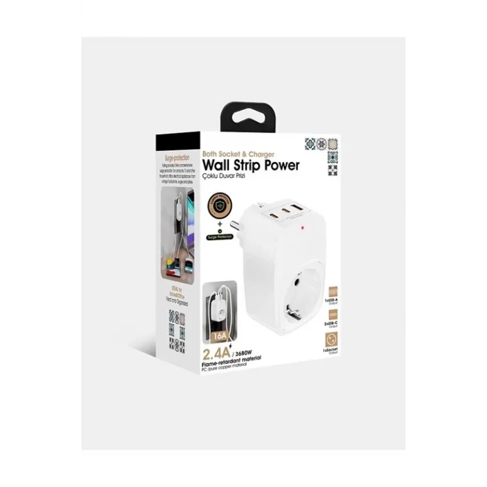 Tekli Yüksek Voltaj Korumalı Duvar Prizi 2x Type-c 1x Usb Çıkışlı Priz Grup Priz Çoğaltıcı Beyaz
