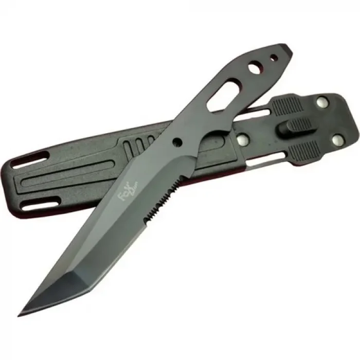 Fox A13 Siyah, Testereli Outdoor Kamp Bıçak 22 cm - Komple Metal, Kılıflı