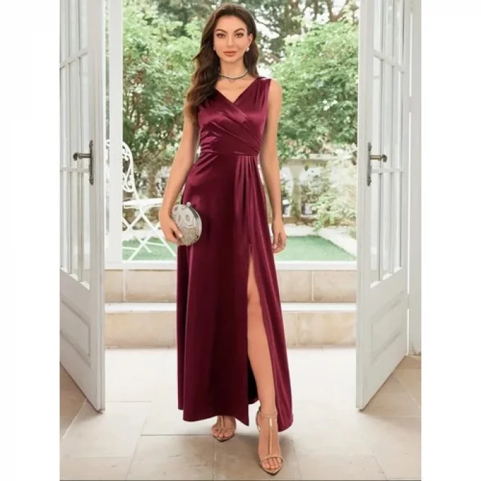 Elissaa Kruvaze Yaka Sıfır Kollu Saten Abiye Elbise