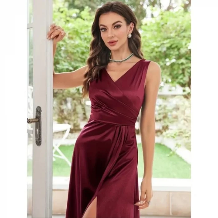 Elissaa Kruvaze Yaka Sıfır Kollu Saten Abiye Elbise