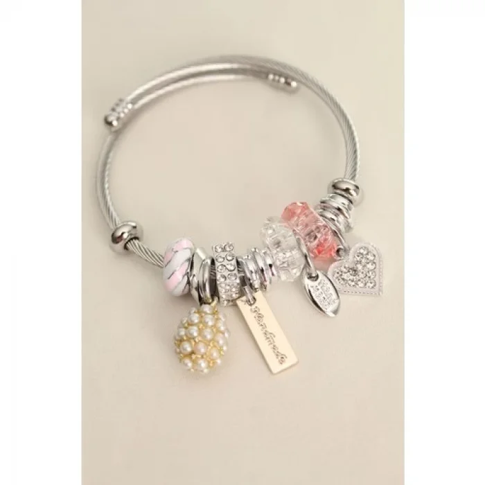 Colezium CLZ943  Inci Detaylı Taşlı Kalp Model Charm Bilezik