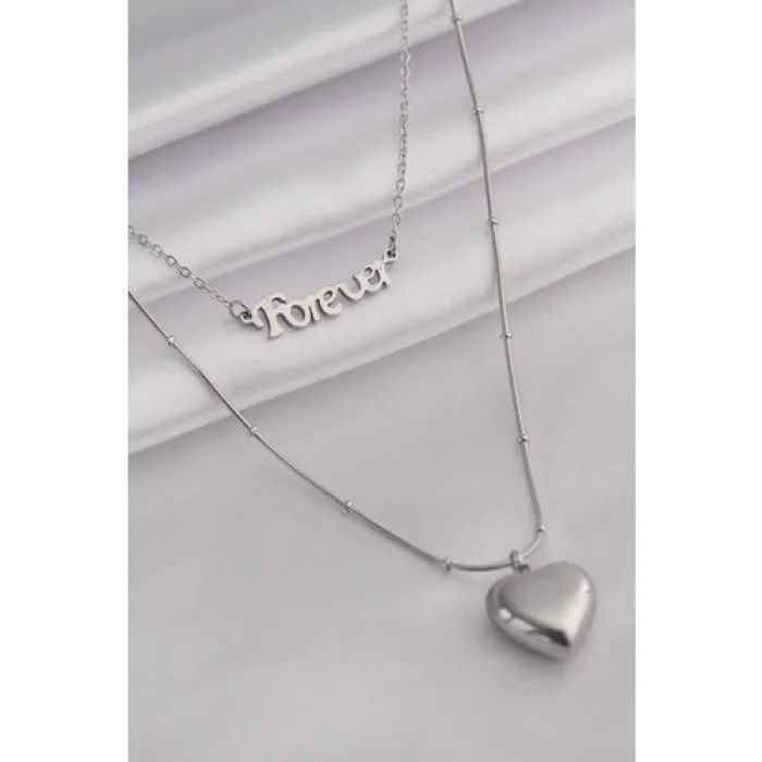 Colezium CLZ741 -  316L Çelik Gümüş Renk 'forever' Yazılı 3D Kalp Model Kadın Kolye
