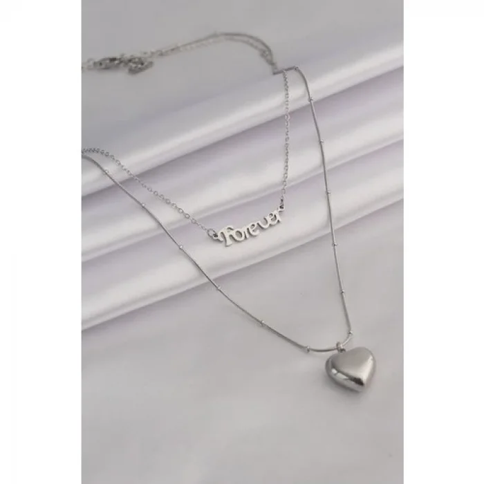 Colezium CLZ741 -  316L Çelik Gümüş Renk 'forever' Yazılı 3D Kalp Model Kadın Kolye