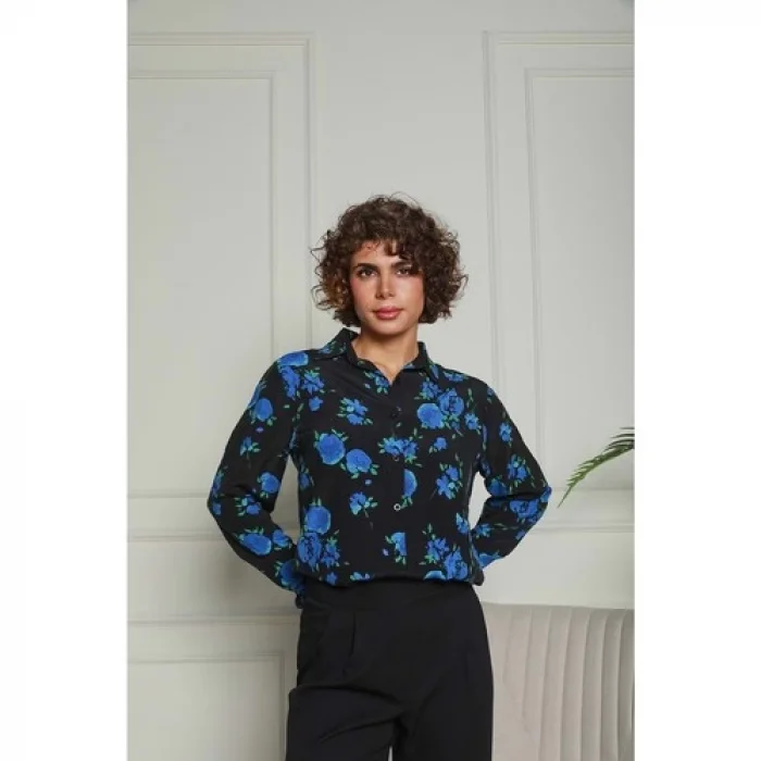 Mavi Çiçekli Dokuma Gömlek Siyah 1500049