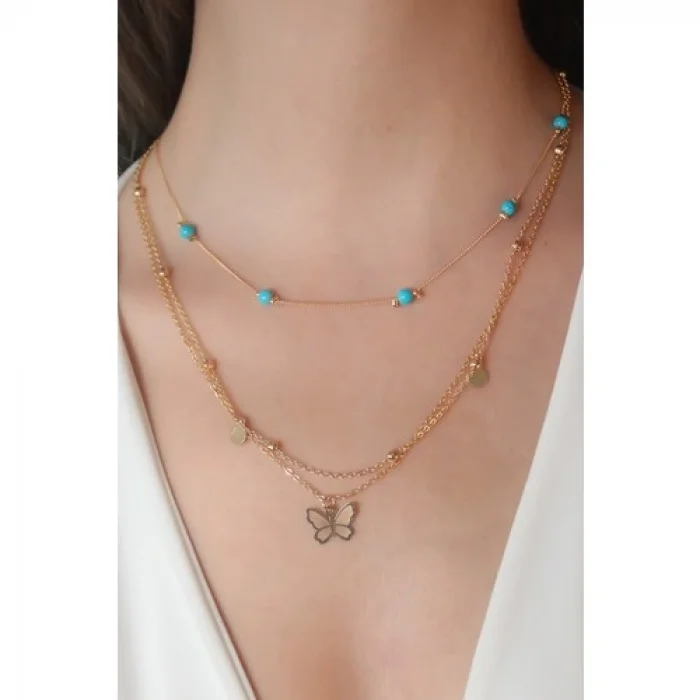 Colezium CLZ741 -  Gold Renk Kelebe Figür Mavi Boncuk Detay Kadın Kolye