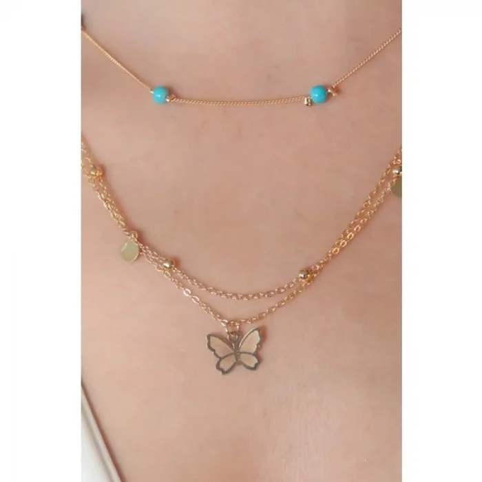 Colezium CLZ741 -  Gold Renk Kelebe Figür Mavi Boncuk Detay Kadın Kolye