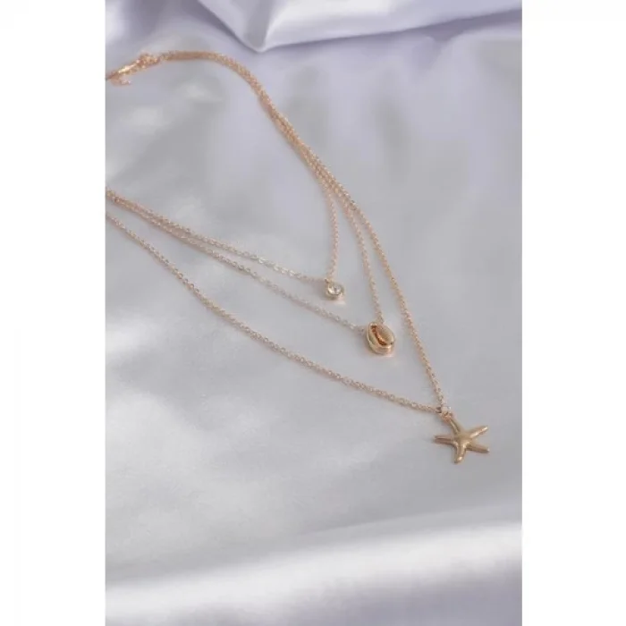 Colezium CLZ741 -  Gold Renk 3'lü Deniz Yıldızı Figür Deniz Kabuğu Detay Zirkon Taş Detay Kadın Kolye
