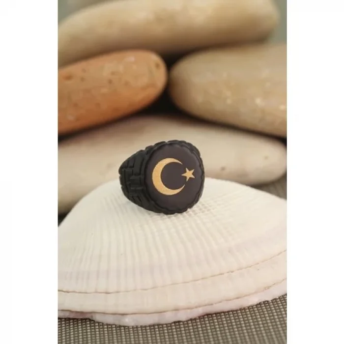 Colezium CLZ741 -  Ay Yıldız Figürlü Siyah Renk Metal Ayarlamalı Erkek Yüzük