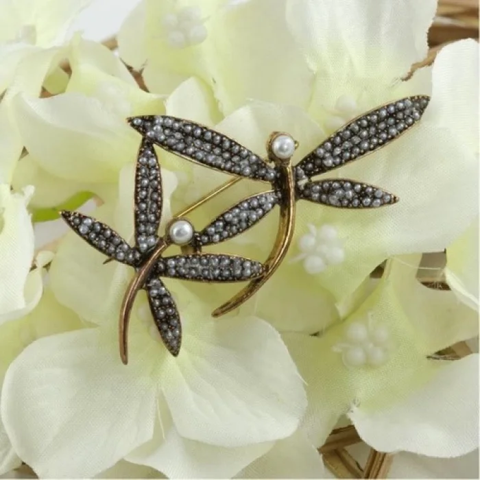 Rennway Inci Süslemeli Çift Yusufçuk Bronz Broş