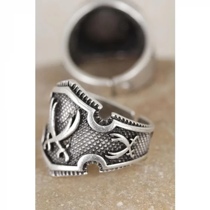 Karce Kılıç Figürlü Eskitme Gri Renk Erkek Ayarlamalı Yüzük