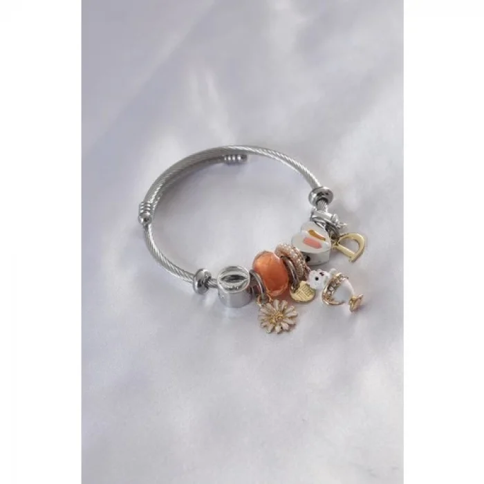 Colezium CLZ943  Çelik Charm Model Fincan Kedi Figür Çiçek Detay Zirkon Taşlı Kadın Bileklik