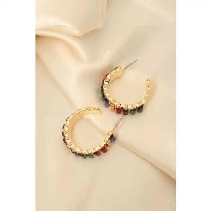 Karce CLZ943  Renkli Baget Taşlı Kalın Halka Küpe