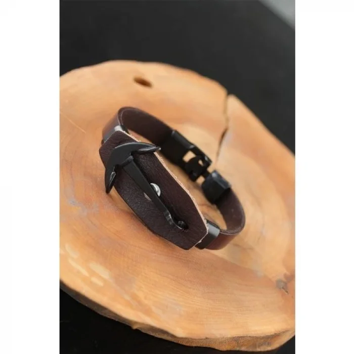 Karce CLZ741 -  Siyah Deniz Çapalı Çelik Aksesuarlı Kahverengi Deri Erkek Bileklik